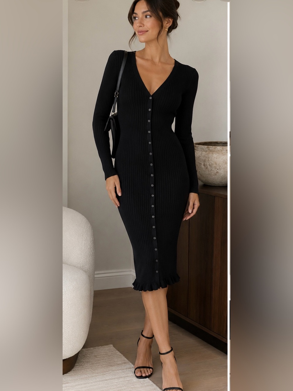 Donna Karan Black Ribbed Knit Button Front Midi Sweater Dress Size XS